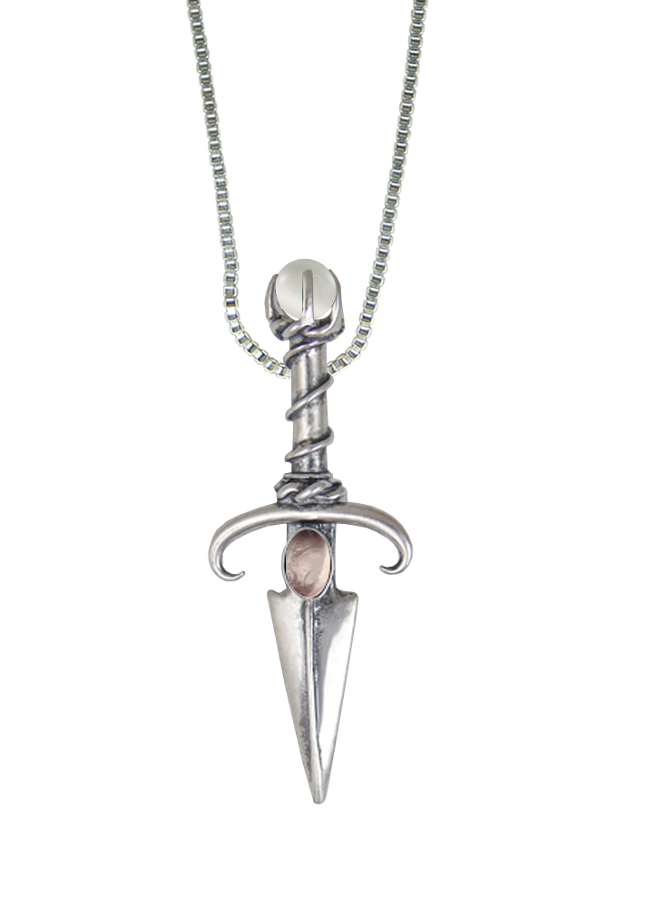 Sterling Silver Black Prince's Knife Dagger Pendant With Rose Quartz And a Clear Glass Bead